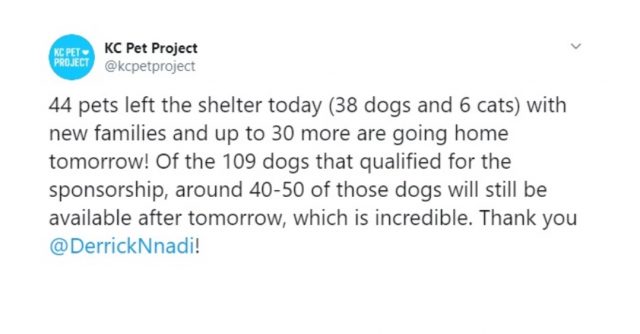 6 de febrero de 2020, refugio de animales KC Pet Project muestra su agradecimiento (Imagen: Twitter @kcpetproject)