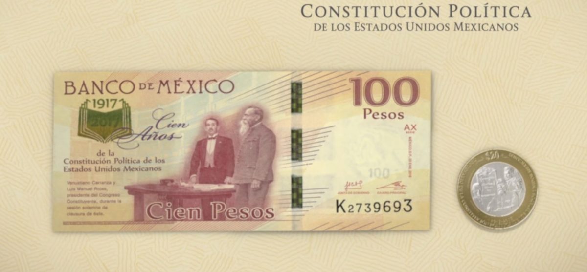 6 de febrero de 2020, billetes y monedas conmemorativas por centenario de Constitución de 1917 (Imagen: Banxico)