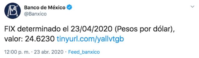 Dólar en Banxico el jueves 23 de abril de 2020 (Imagen: Twitter @Banxico)