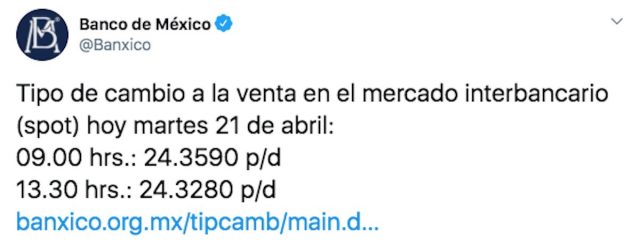 Tipo de cambio a la venta en el mercado interbancario según Banxico (Imagen: Twitter @Banxico)