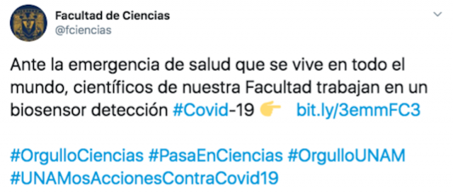 Facultad de Ciencias de la UNAM anuncia prueba rápida para detectar covid- 19 (Imagen: Twitter @fciencias)
