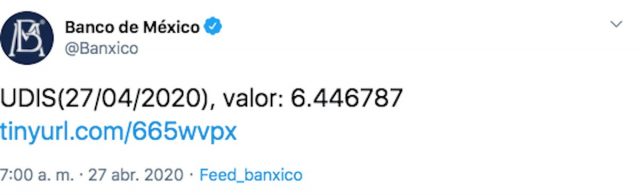 UDIS y dólar en el Banco de México, hoy lunes 27 de abril de 2020 (Imagen: Twitter @Banxico)