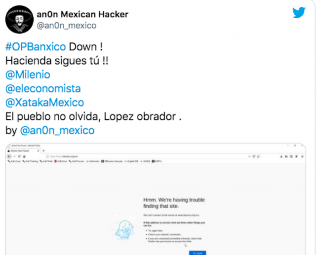 Ataque ciberético en México (Imagen: Twitter @an0n_mexico)