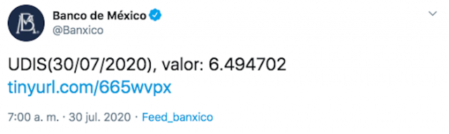 Dólar: ¿Cómo está el dólar hoy en México 30 de julio de 2020? UDIS hoy en México (Imagen: Twitter @Banxico)