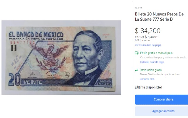 Este billete se vende en sitios como el de Mercado Libre a precios que van de los más de 60 mil hasta los 70 mil pesos.