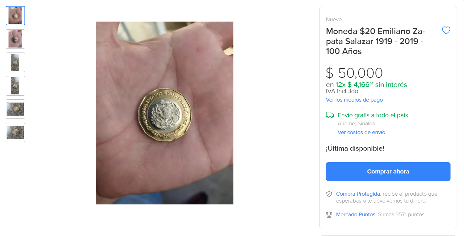 Moneda de Emiliano Zapata en Mercado Libre