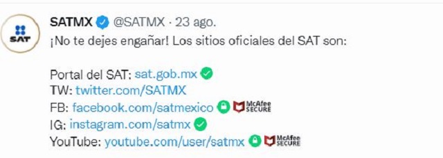 El SAT aclaró en su cuenta oficial de Twitter que dicha cuenta era apócrifa